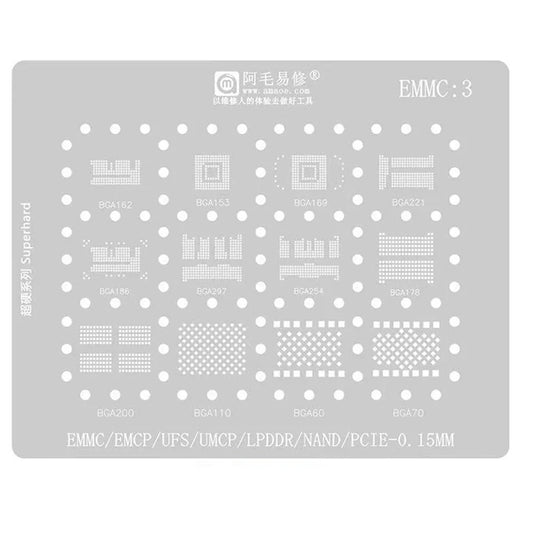 AMAOE EMMC3 BGA Reballing Stencil EMCP EMMC Memory Flash IC Reball Solder Tin Plant Net Steel Mesh Weld Heat