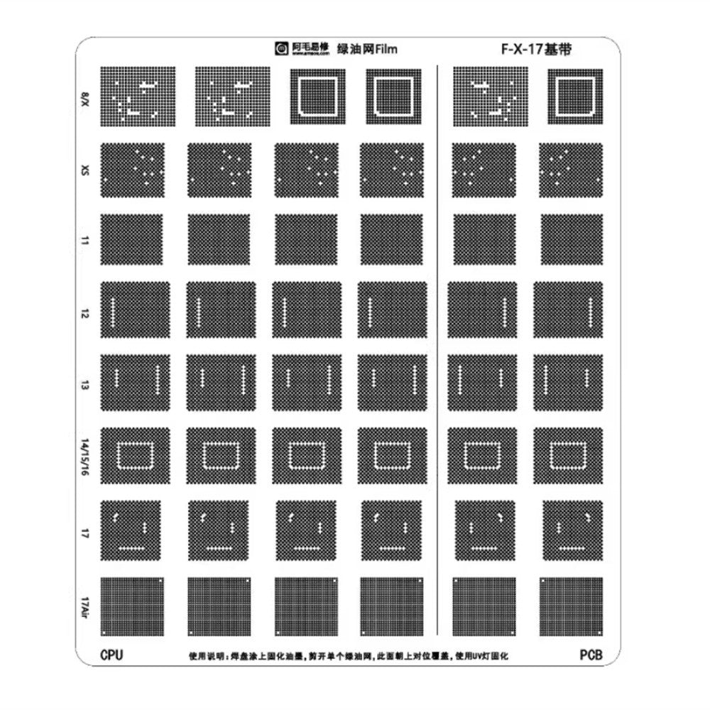 AMAOE Green Oil UV Stencil for iPhone Air / 16 / 15 / 14 / 13 / 12 / 11 / XS PCB IC Chip BGA Reballing
