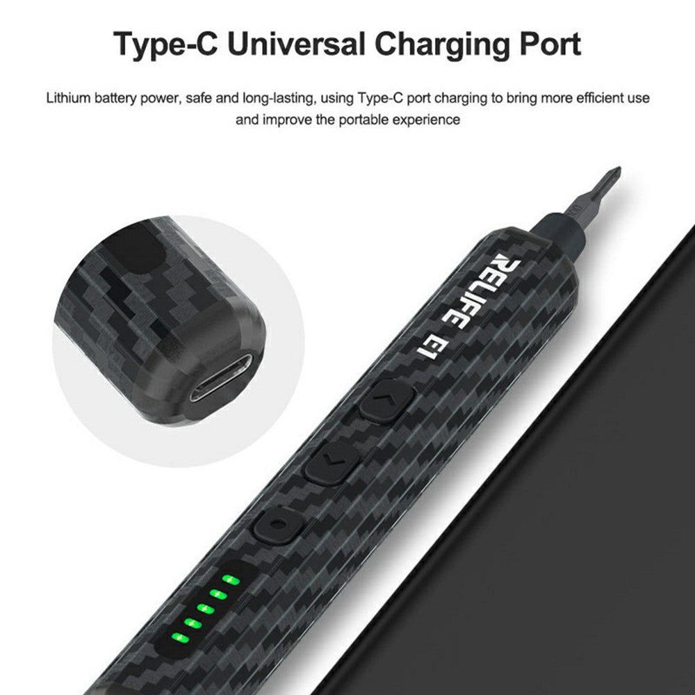 RELIFE E1 Carbon Fiber Electric Screwdriver Set LED Digital Display Screwdriver with 12Pcs S2 Steel Bits