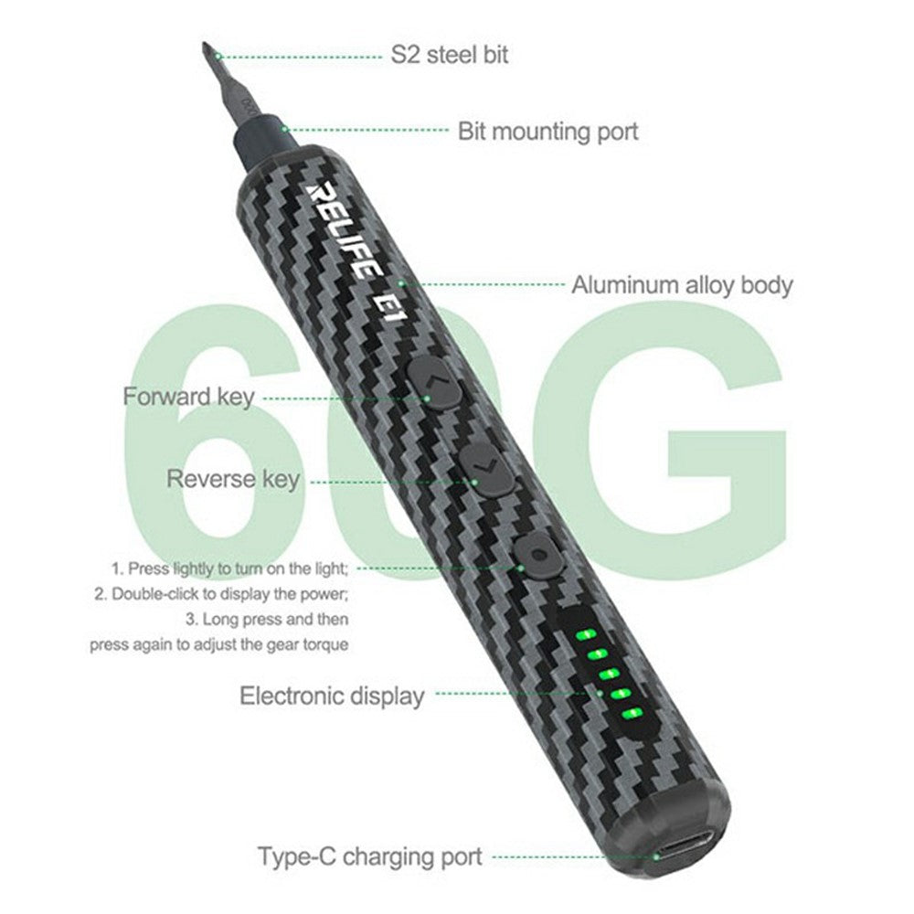 RELIFE E1 Carbon Fiber Electric Screwdriver Set LED Digital Display Screwdriver with 12Pcs S2 Steel Bits
