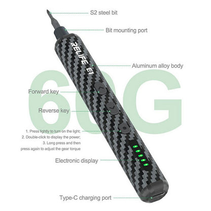 RELIFE E1 Carbon Fiber Electric Screwdriver Set LED Digital Display Screwdriver with 12Pcs S2 Steel Bits
