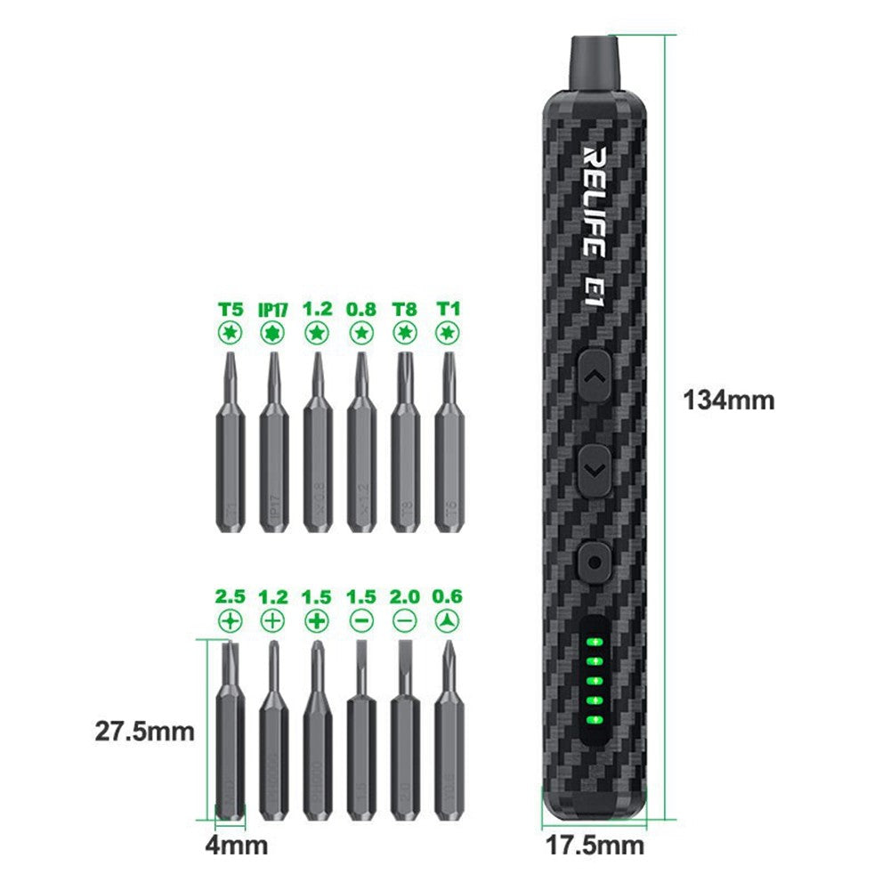RELIFE E1 Carbon Fiber Electric Screwdriver Set LED Digital Display Screwdriver with 12Pcs S2 Steel Bits