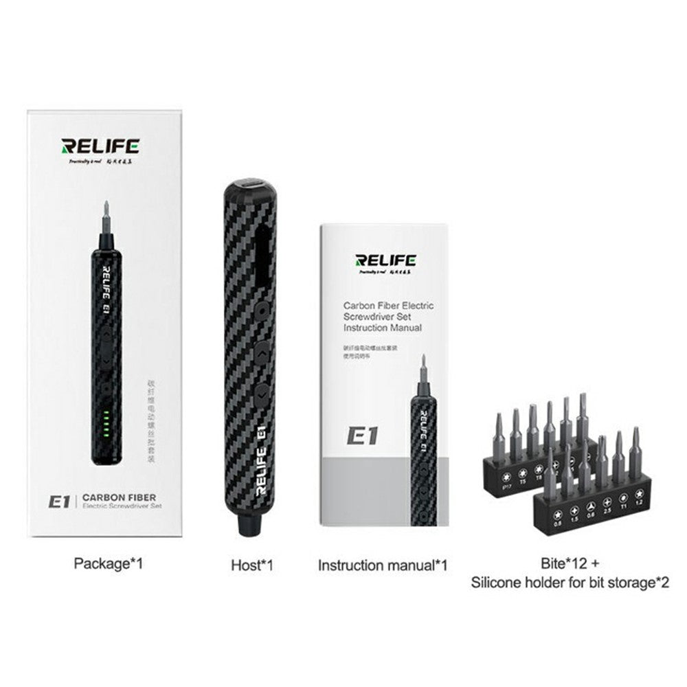 RELIFE E1 Carbon Fiber Electric Screwdriver Set LED Digital Display Screwdriver with 12Pcs S2 Steel Bits