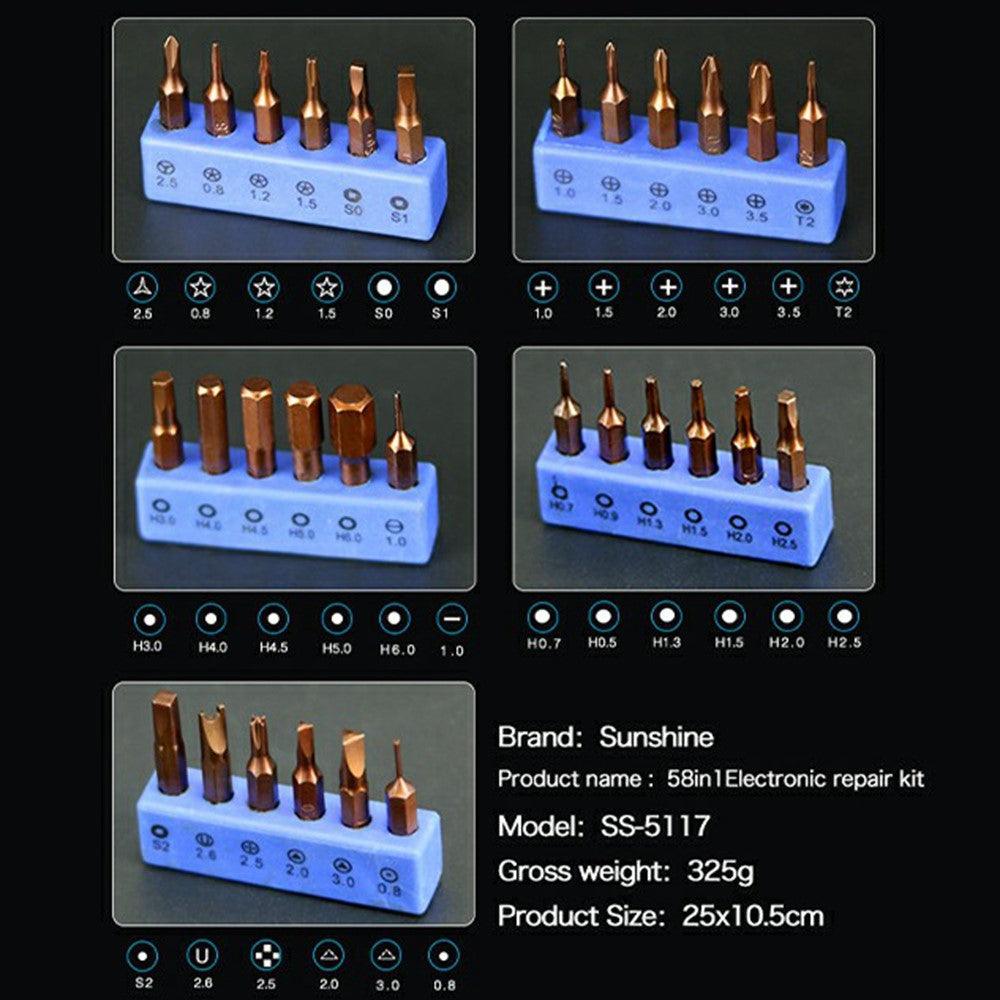 SUNSHINE SS-5117 58 in 1 Precision Screwdriver Set Non-slip Handle Screwdriver Electronics Repair Tool