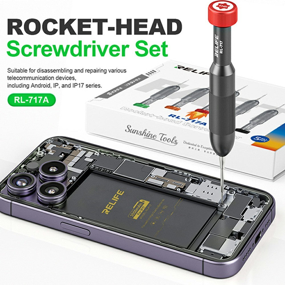 RELIFE RL-717A 5-in-1 Rocket-Head Design Screwdrivers Set S2 Steel Precision Bits Repair Tool for iPhone Android Electronics