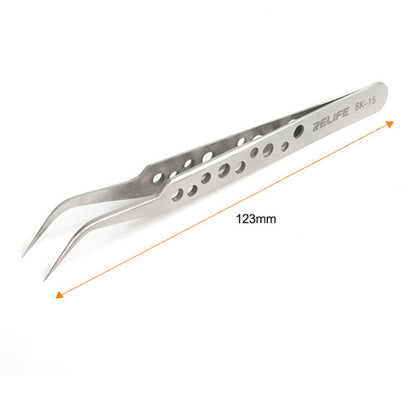 RELIFE SK-15 Curved Tip Tweezers with Holes Stainless Steel Anti-magnetic Tweezers Precision Repairing Tool