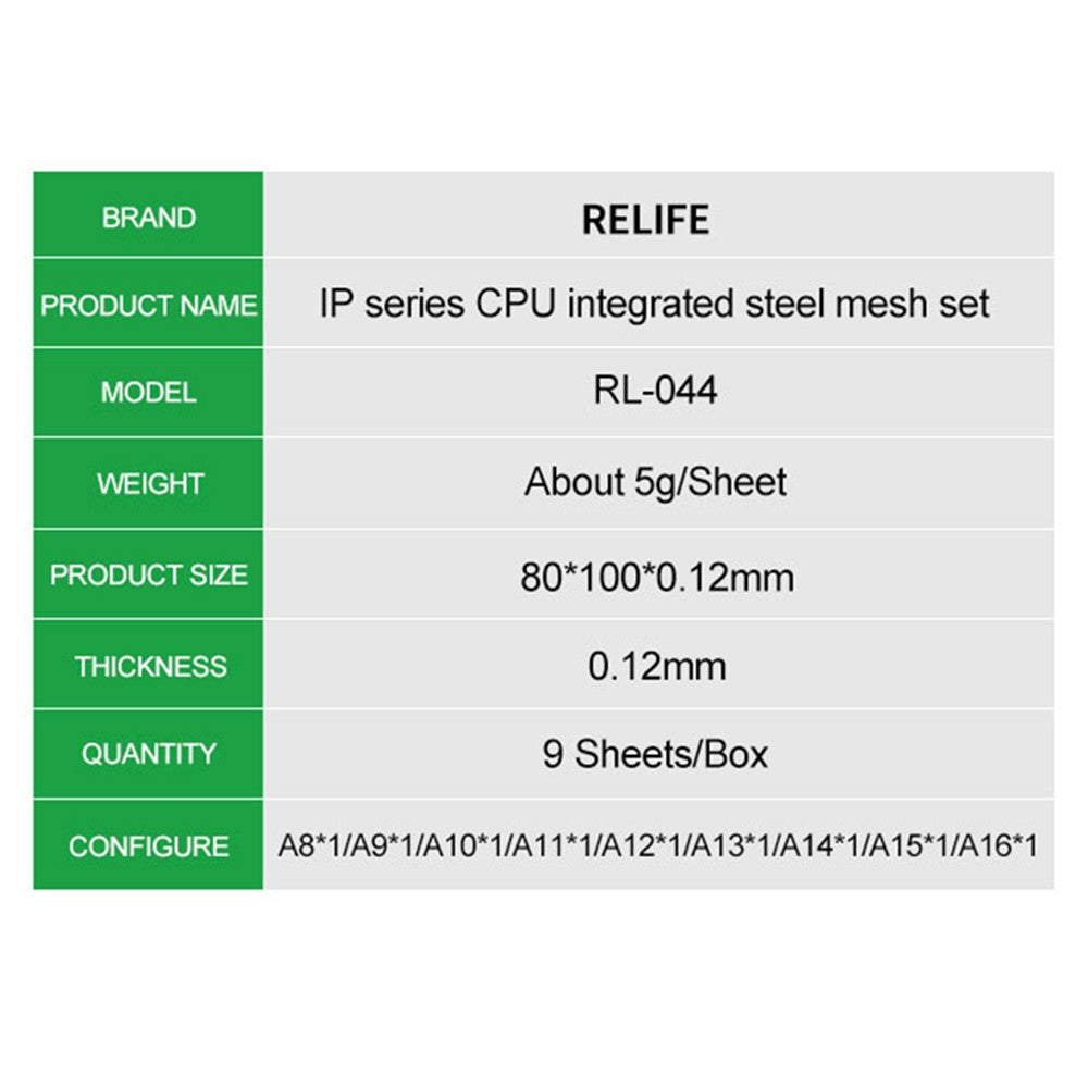 RELIFE RL-044 9Pcs IP Series CPU Integrated Steel Mesh Set A8-A16 CPU Tin Planting Kit