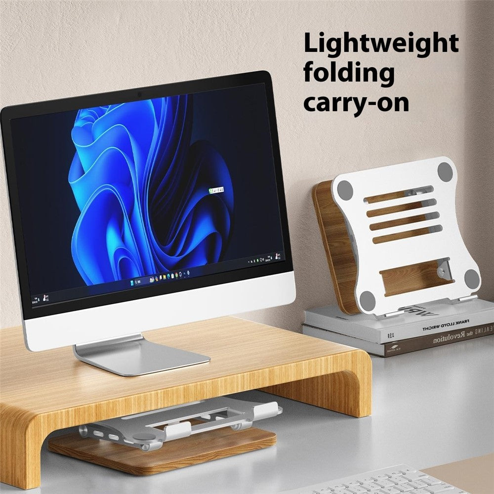 J32 Adjustable Laptop Stand Foldable Wood Base Metal Cooling Riser Desktop Bracket