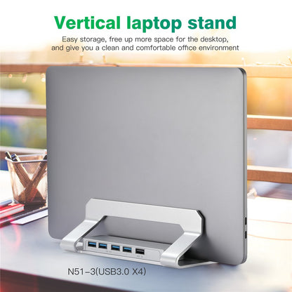 D051-3 Vertical Laptop Stand USB Hub Space Saving Notebook Holder Desktop Bracket with 4 USB Ports