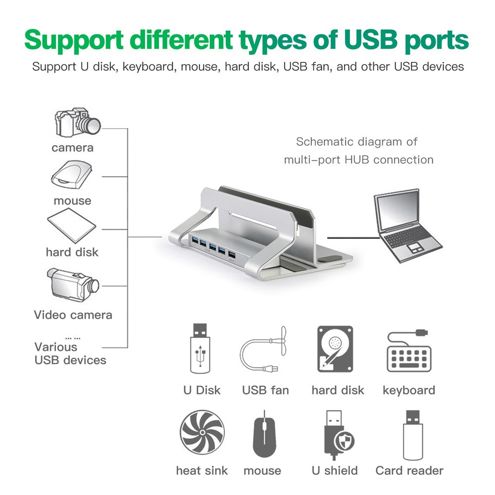 D051-3 Vertical Laptop Stand USB Hub Space Saving Notebook Holder Desktop Bracket with 4 USB Ports