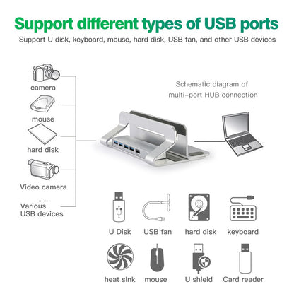 D051-3 Vertical Laptop Stand USB Hub Space Saving Notebook Holder Desktop Bracket with 4 USB Ports