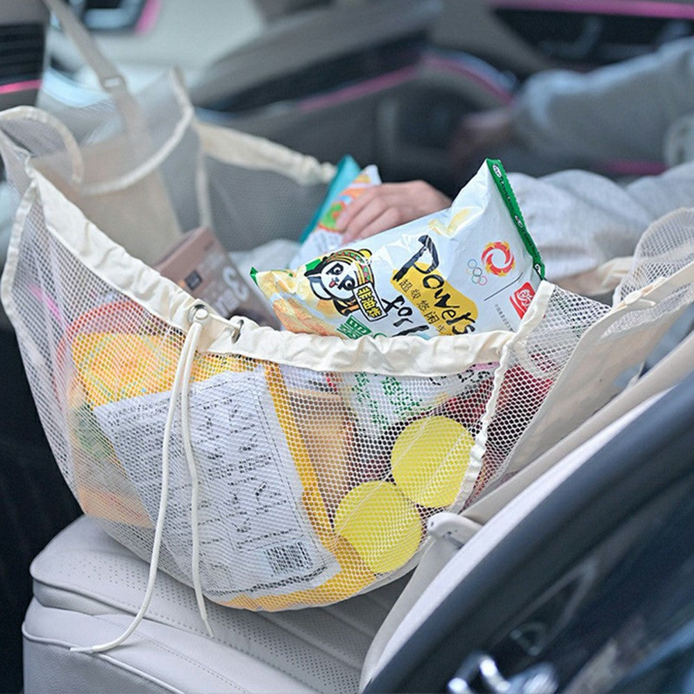 H351 Car Back Seat Organizer Multi-Function Portable Drawstring Large Capacity Canvas Mesh Storage Bag