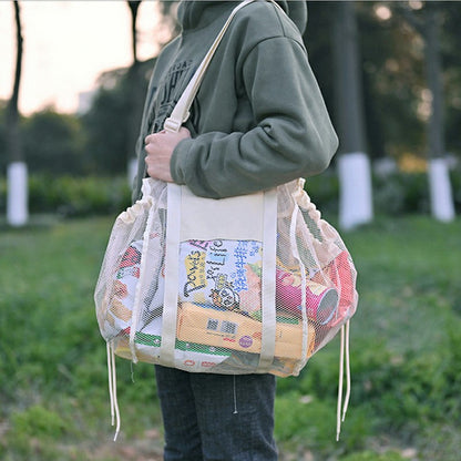 H351 Car Back Seat Organizer Multi-Function Portable Drawstring Large Capacity Canvas Mesh Storage Bag