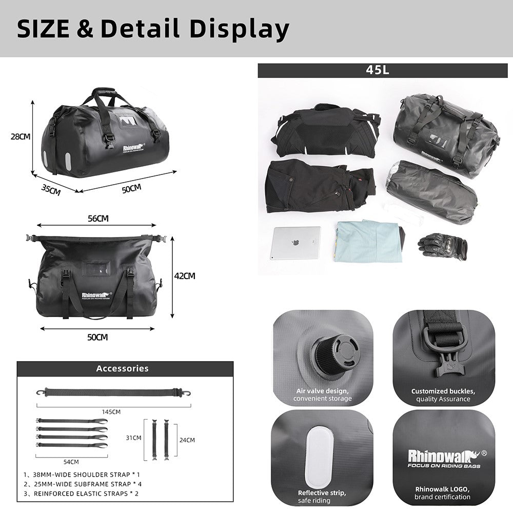 RHINOWALK MT20450BK 45L Waterproof Motorcycle Tail Bag Rear Seat Pouch with Shoulder Strap