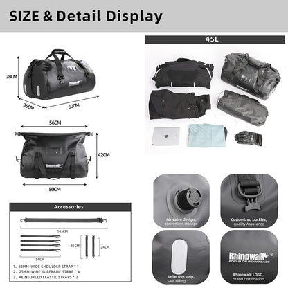 RHINOWALK MT20450BK 45L Waterproof Motorcycle Tail Bag Rear Seat Pouch with Shoulder Strap