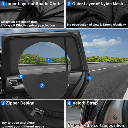 2Pcs Car Window Shade Front / Rear Side Window Sun Shade Breathable Privacy Curtain with Zipper
