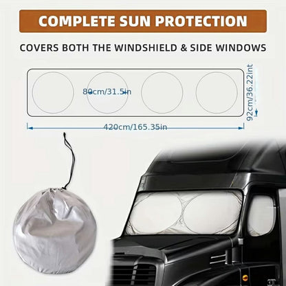 420 x 92cm Large Truck Sun Shade Heavy Duty Vehicle Sunshade Visor Foldable Heat Shield for Front Windshield Side Window