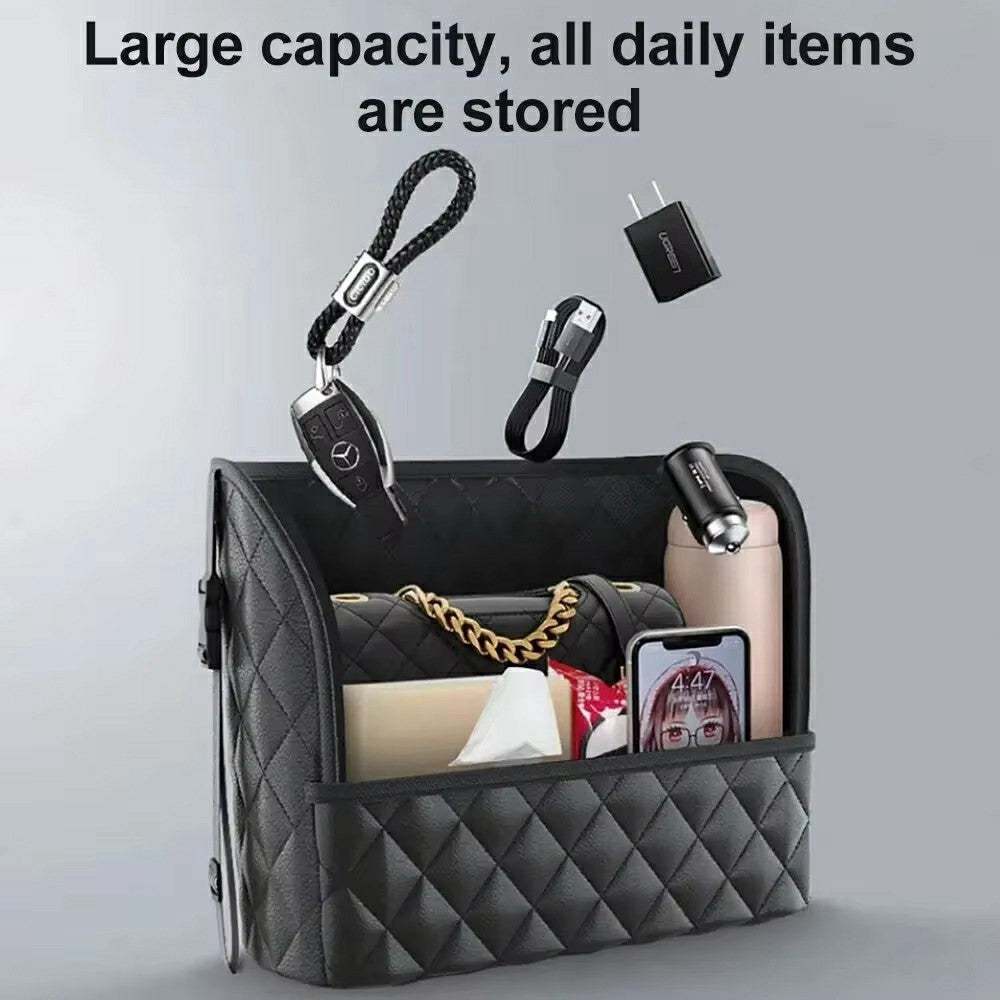 Dual Pocket Design Car Seat Storage Bag Embroidery PU Leather Hanging Organizer Between Back Seats