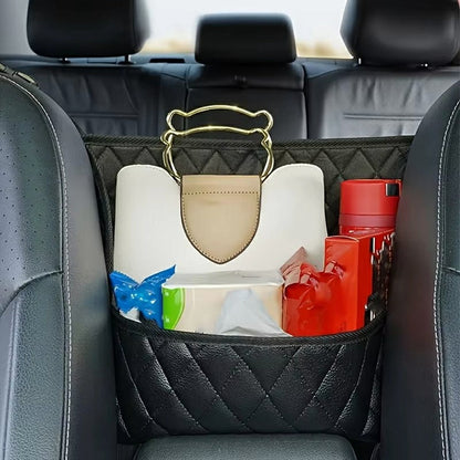 Dual Pocket Design Car Seat Storage Bag Embroidery PU Leather Hanging Organizer Between Back Seats