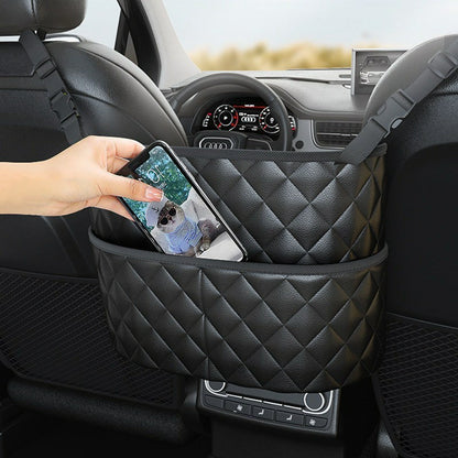 Dual Pocket Design Car Seat Storage Bag Embroidery PU Leather Hanging Organizer Between Back Seats
