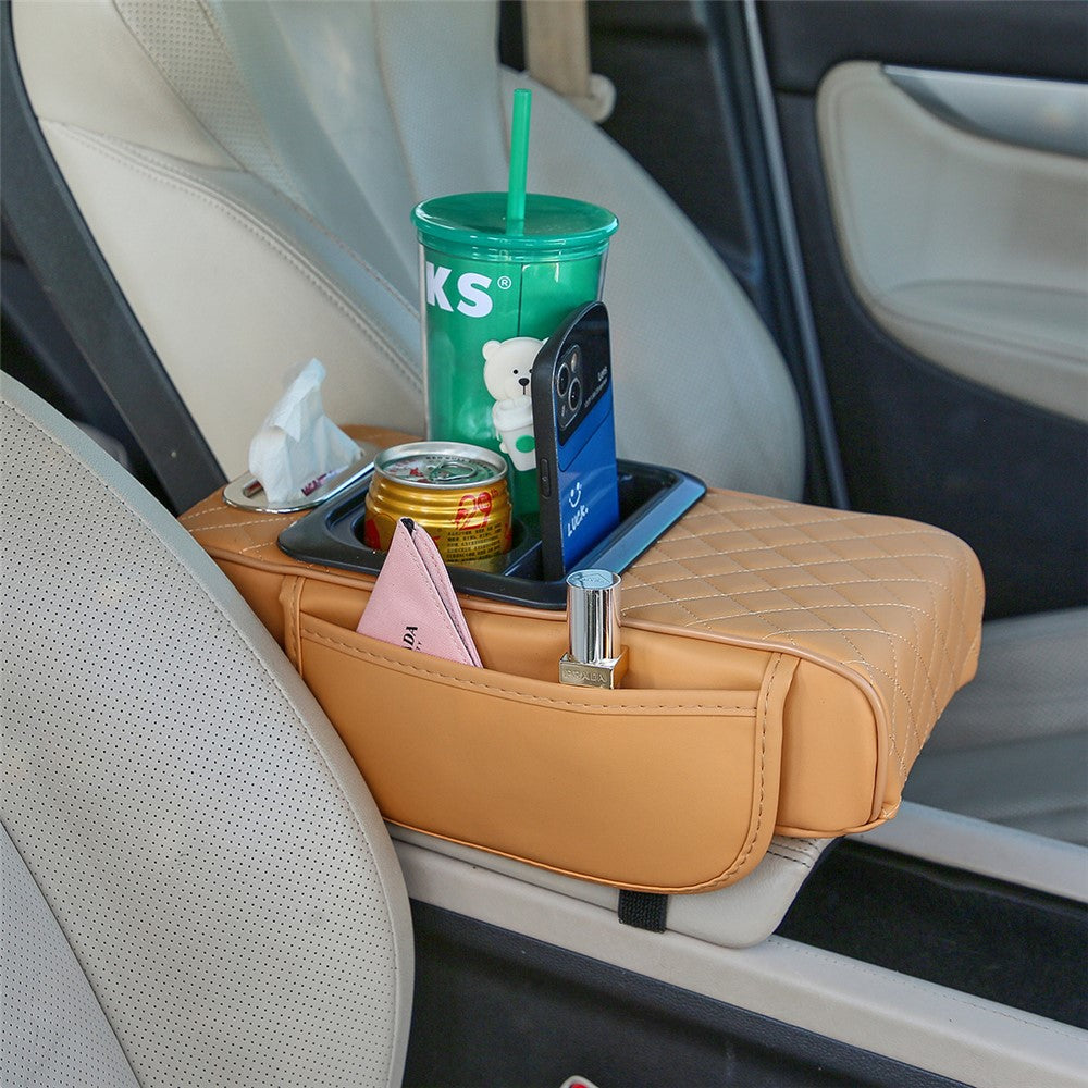 Universal Car Armrest Pad Storage Organizer PU Leather Tissue Box Central Cup Holder