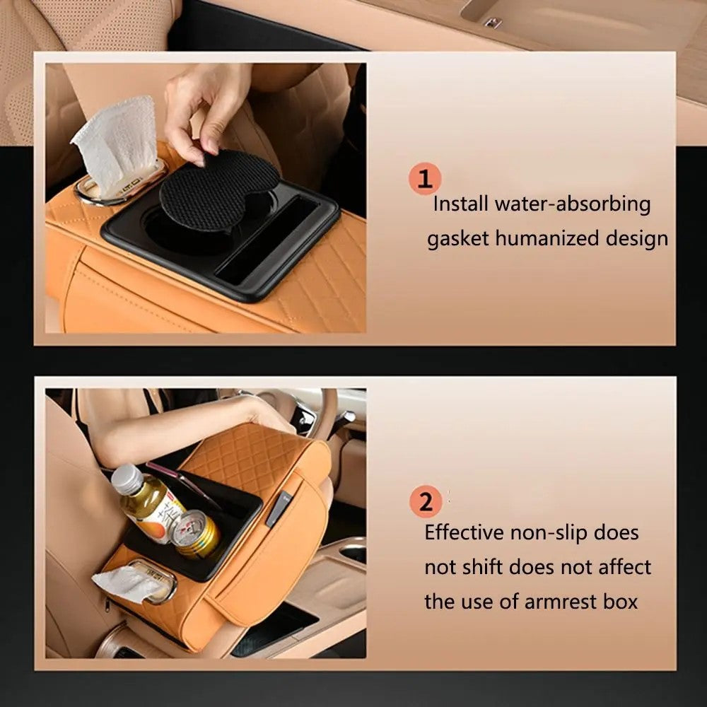 Universal Car Armrest Pad Storage Organizer PU Leather Tissue Box Central Cup Holder