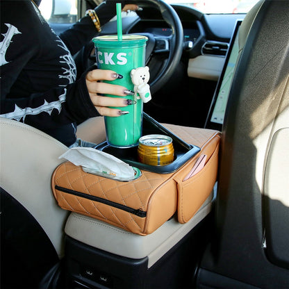 Universal Car Armrest Pad Storage Organizer PU Leather Tissue Box Central Cup Holder