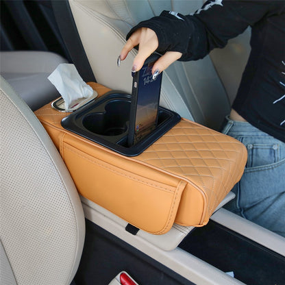Universal Car Armrest Pad Storage Organizer PU Leather Tissue Box Central Cup Holder