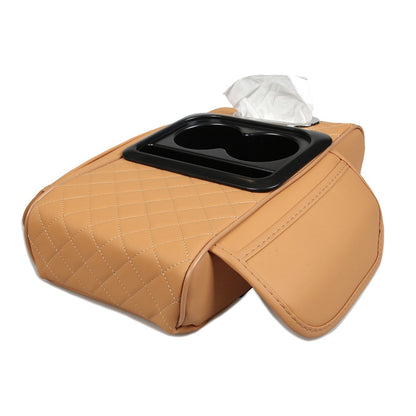 Universal Car Armrest Pad Storage Organizer PU Leather Tissue Box Central Cup Holder