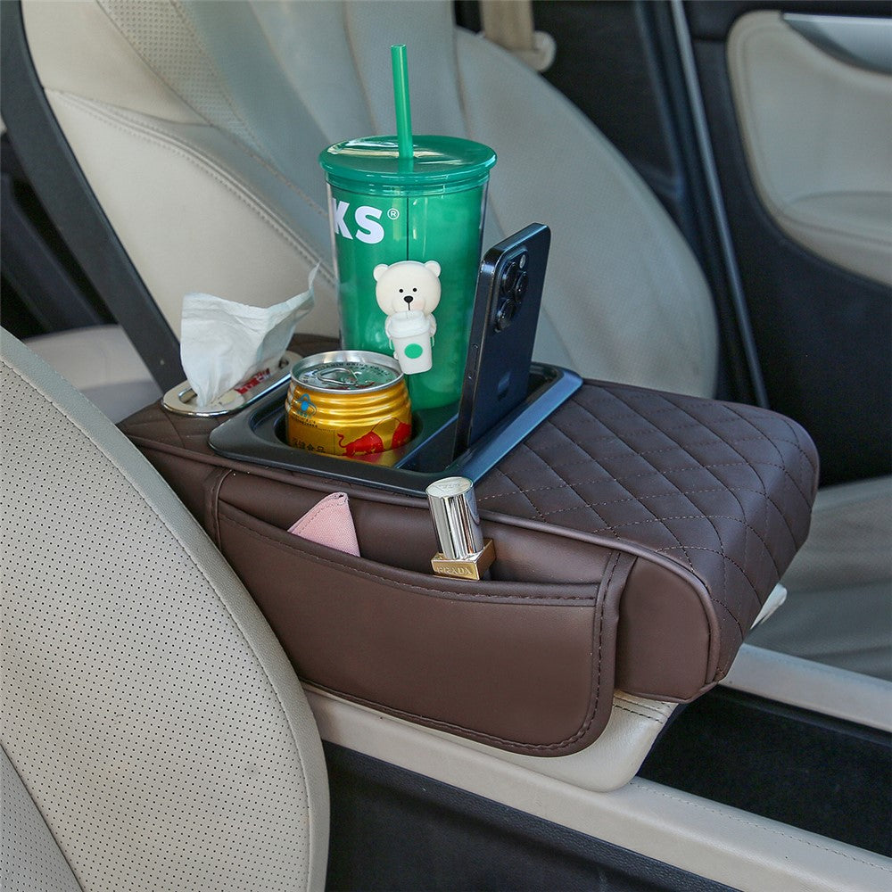 Universal Car Armrest Pad Storage Organizer PU Leather Tissue Box Central Cup Holder