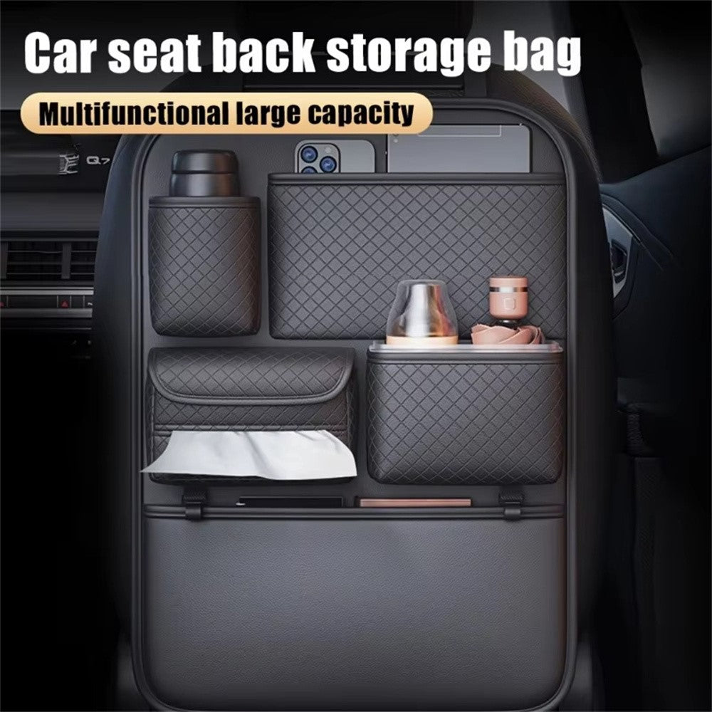 Car Seat Back Organizer Rhombus Texture PU Leather Multi-Pocket Storage Bag for Water Bottle  /  Umbrella Holder
