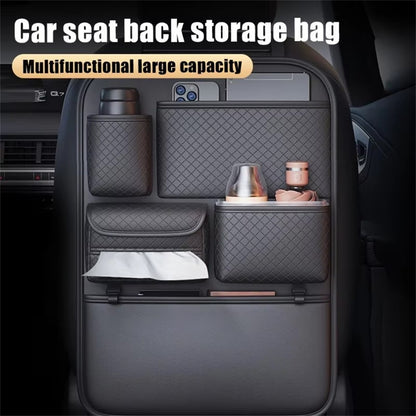 Car Seat Back Organizer Rhombus Texture PU Leather Multi-Pocket Storage Bag for Water Bottle  /  Umbrella Holder