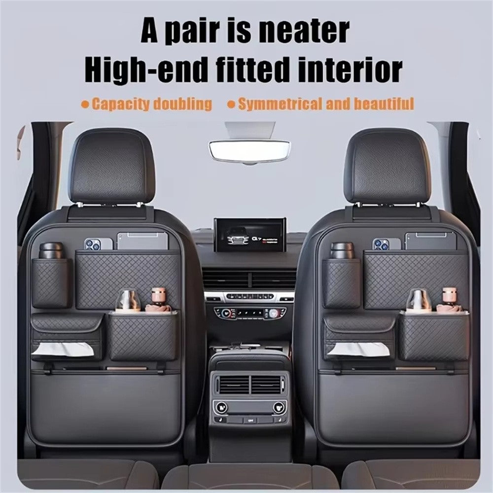 Car Seat Back Organizer Rhombus Texture PU Leather Multi-Pocket Storage Bag for Water Bottle  /  Umbrella Holder