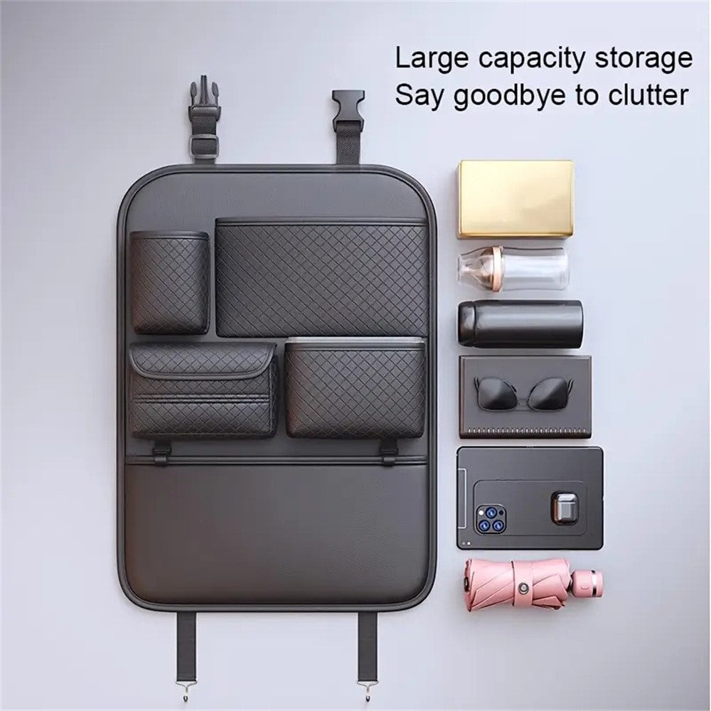 Car Seat Back Organizer Rhombus Texture PU Leather Multi-Pocket Storage Bag for Water Bottle  /  Umbrella Holder