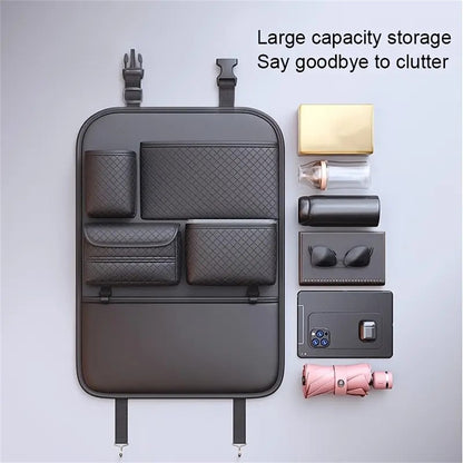 Car Seat Back Organizer Rhombus Texture PU Leather Multi-Pocket Storage Bag for Water Bottle  /  Umbrella Holder