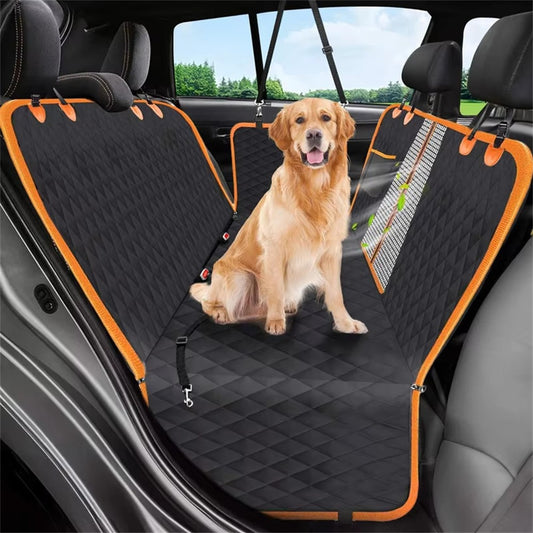 600D Oxford Fabric Pet Car Seat Cover for Back Seat Waterproof Dog Hammock with Visual Mesh Window, Black+Orange