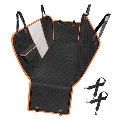 600D Oxford Fabric Pet Car Seat Cover for Back Seat Waterproof Dog Hammock with Visual Mesh Window, Black+Orange