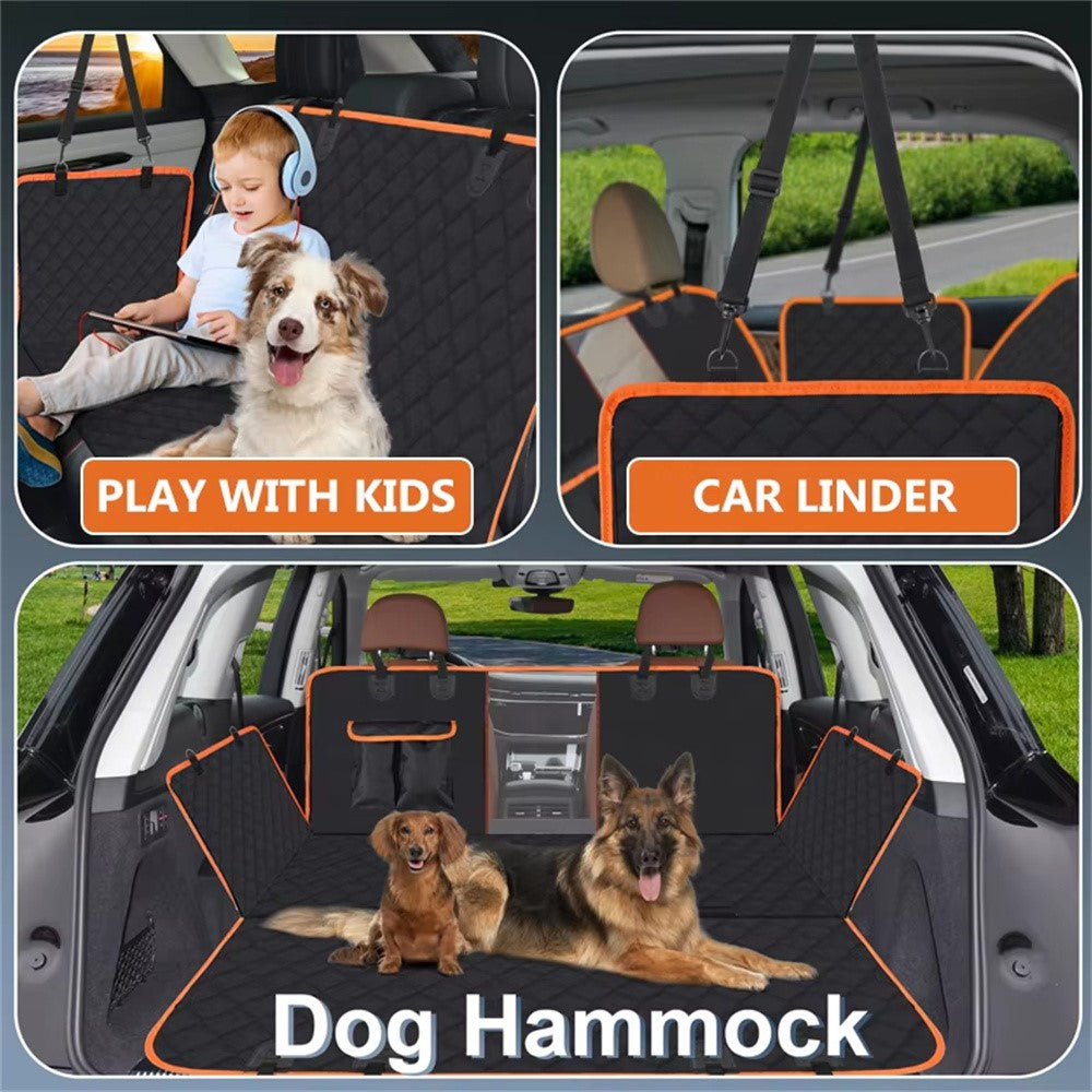 600D Oxford Fabric Pet Car Seat Cover for Back Seat Waterproof Dog Hammock with Visual Mesh Window, Black+Orange