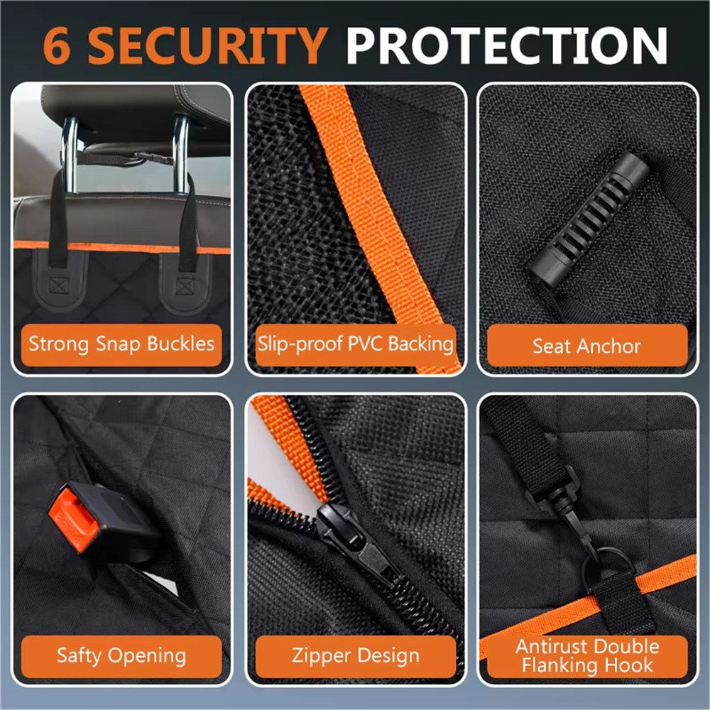 600D Oxford Fabric Pet Car Seat Cover for Back Seat Waterproof Dog Hammock with Visual Mesh Window, Black+Orange