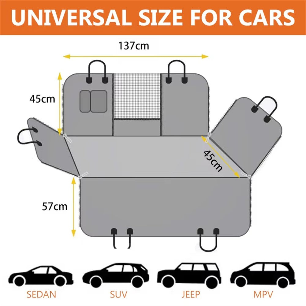 600D Oxford Fabric Pet Car Seat Cover for Back Seat Waterproof Dog Hammock with Visual Mesh Window, Black+Orange