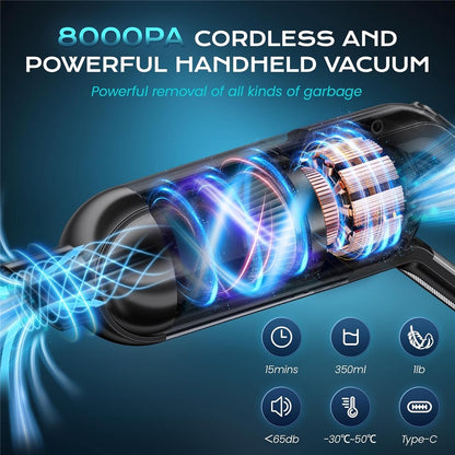 Handheld Car Vacuum Cleaner 8kPa Powerful Suction Low Noise Cordless Dust Blower with LED Light