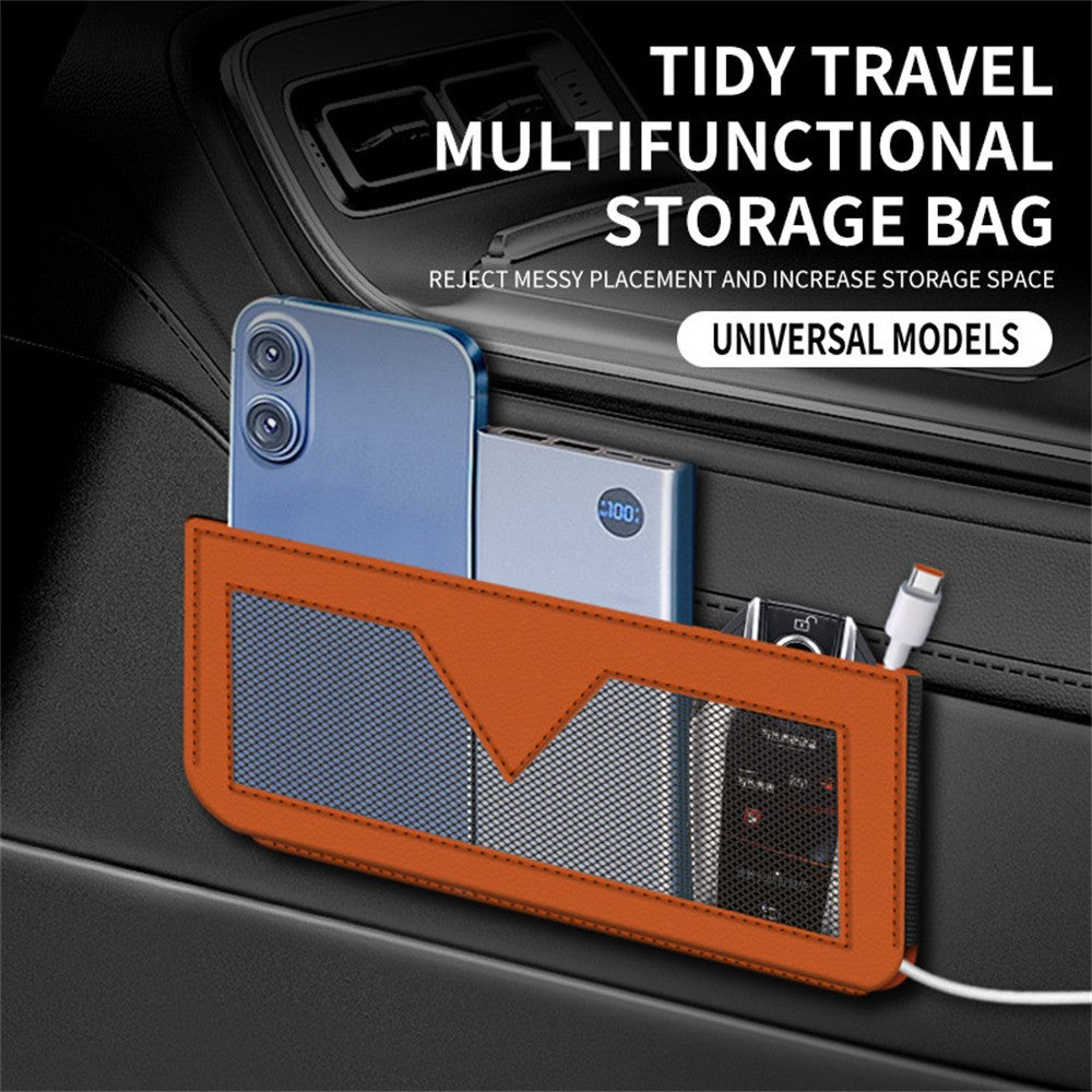 PU Leather Car Storage Bag Multi-Functional Mesh Pouch Adhesive Phone Holder for Vehicle Interior Organization