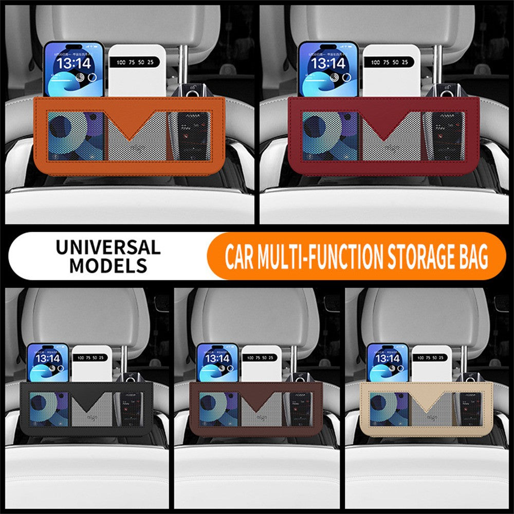 PU Leather Car Storage Bag Multi-Functional Mesh Pouch Adhesive Phone Holder for Vehicle Interior Organization