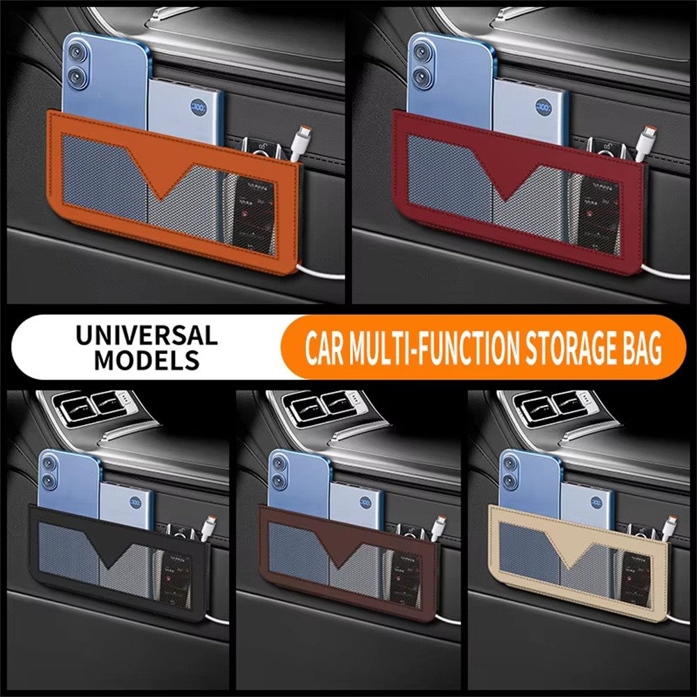 PU Leather Car Storage Bag Multi-Functional Mesh Pouch Adhesive Phone Holder for Vehicle Interior Organization