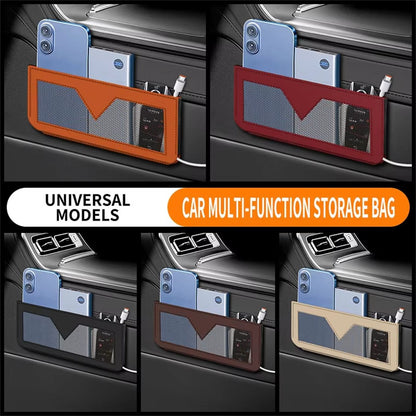 PU Leather Car Storage Bag Multi-Functional Mesh Pouch Adhesive Phone Holder for Vehicle Interior Organization