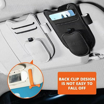 Multi-Functional Sunglasses Holder for Car Sun Visor Clip On PU Leather Card Organizer with Pen Loop