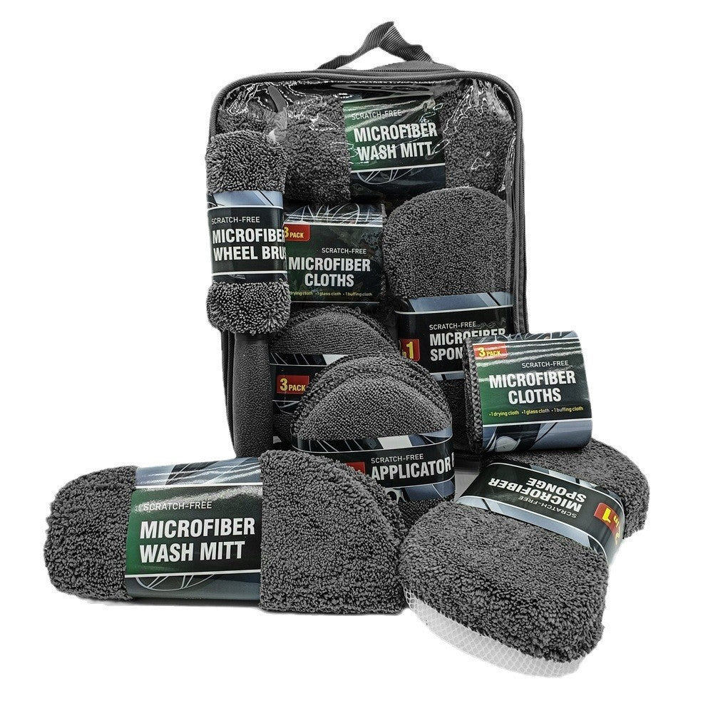 9Pcs Car Wash Kit Microfiber Towel Sponge Wax Applicator Wheel Brush Scratch Free Cleaning Set