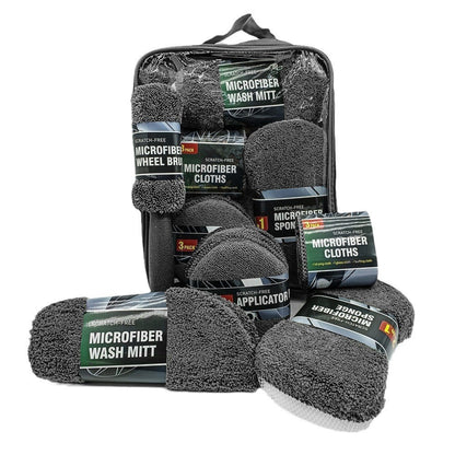 9Pcs Car Wash Kit Microfiber Towel Sponge Wax Applicator Wheel Brush Scratch Free Cleaning Set