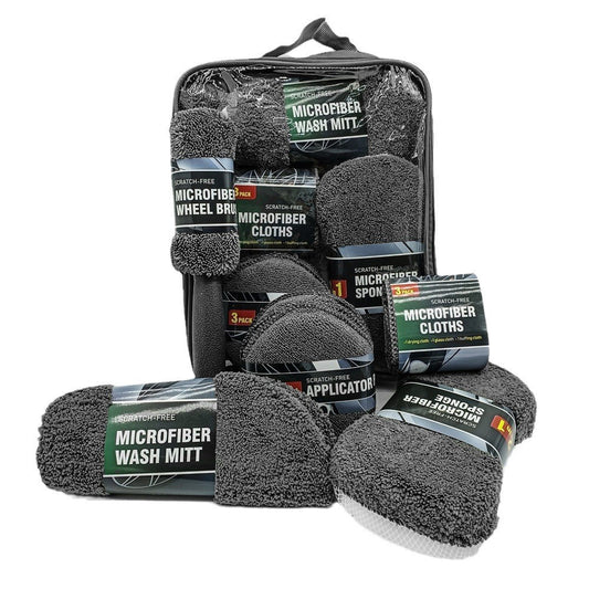 9Pcs Car Wash Kit Microfiber Towel Sponge Wax Applicator Wheel Brush Scratch Free Cleaning Set