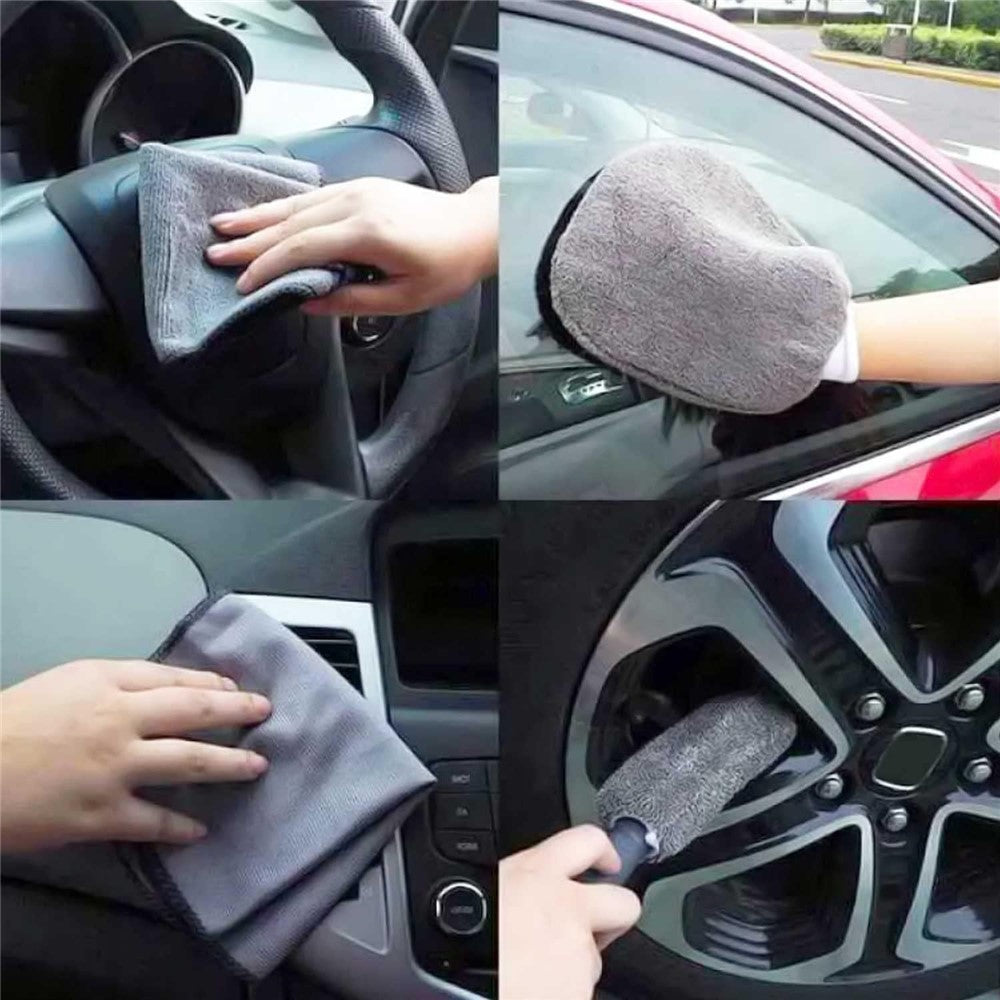 9Pcs Car Wash Kit Microfiber Towel Sponge Wax Applicator Wheel Brush Scratch Free Cleaning Set